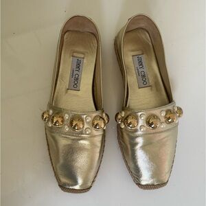 Jimmy Choo Dru Embellished Leather Espadrilles in Metallic Gold